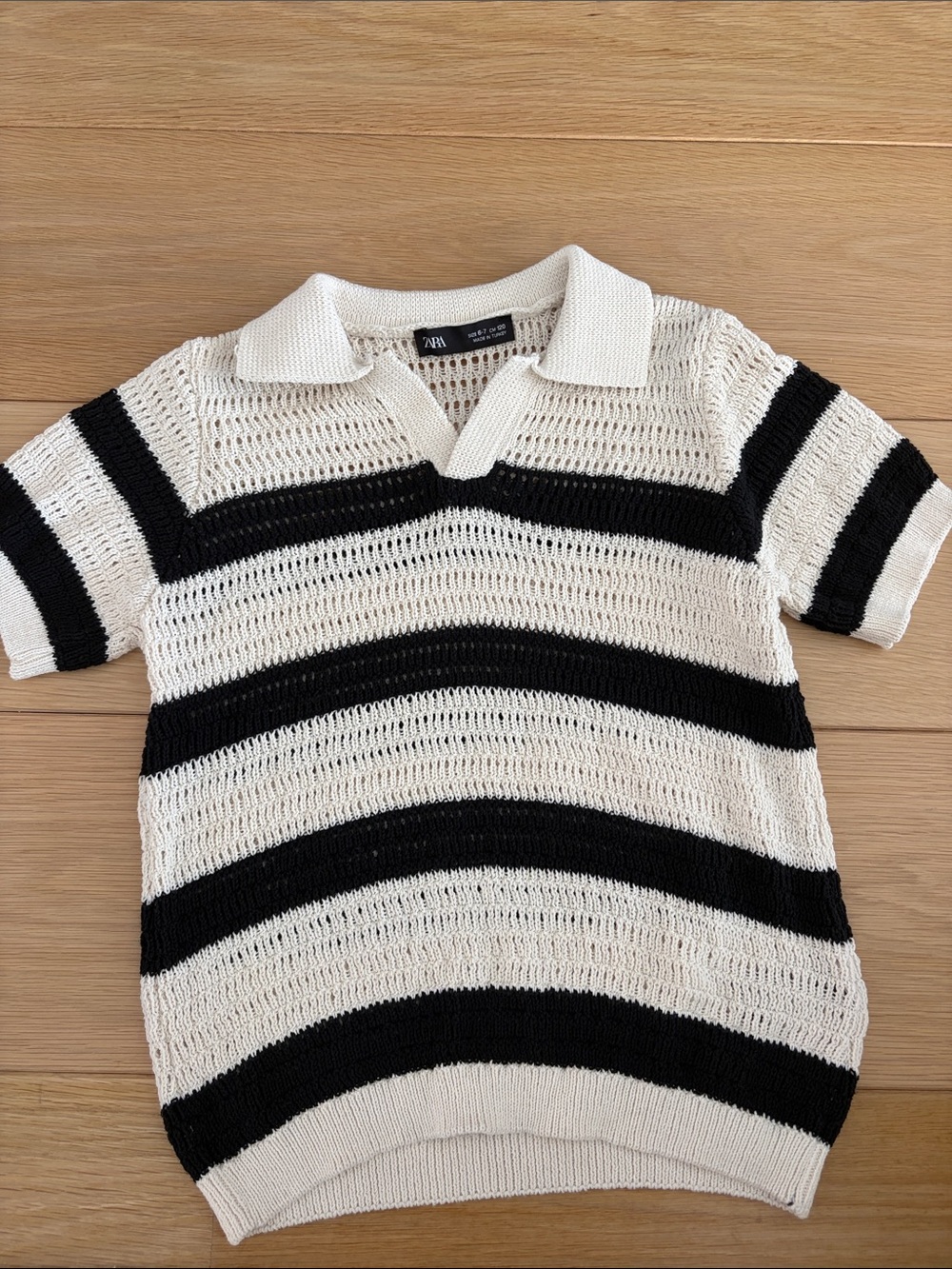 Zara Kids Black & White Open-Knit Striped Polo
